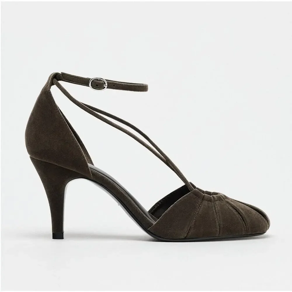 Zara NWT Brown Velvet Cross Strap Balletcore Heels 7.5